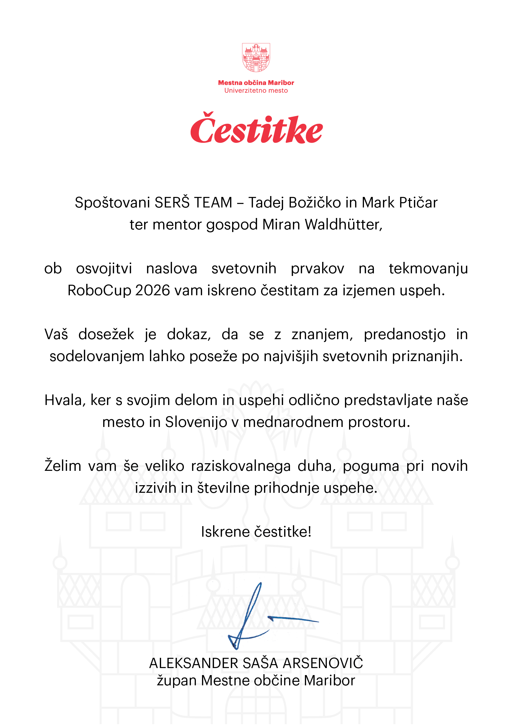 Čestitka župana Mestne občine Maribor ekipi SERŠ TEAM
